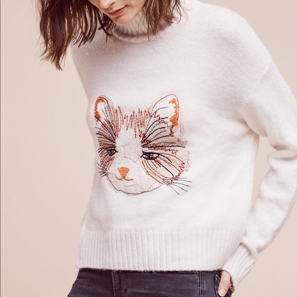 Anthro Moth Turtleneck Cat Embroidered 